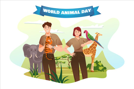 Banner concept animal day in flat cartoon design. This illustration serves as a reminder of responsibility to protect and cherish the incredible creatures that share our planet. Vector illustration.のイラスト素材
