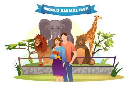 Banner concept animal day in flat cartoon style. This illustration inspire wonder and appreciation for the natural world, encouraging to learn more about fascinating creatures. Vector illustration.のイラスト素材