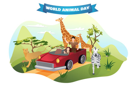 Banner concept animal day in flat cartoon style. A bold and eye-catching funny image proudly celebrates World Animal Day, drawing attention to the wonders of wildlife. Vector illustration.のイラスト素材