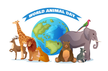 Banner concept animal day in flat cartoon design. This image showcases a colorful and lively design, emphasizing the beauty and diversity of wild animals from around the world. Vector illustration.のイラスト素材