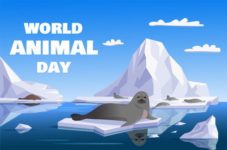 Banner concept animal day in flat cartoon style. The illustration bursts with a myriad of colors, capturing the kaleidoscope of hues found in the world of sea animals. Vector illustration.のイラスト素材