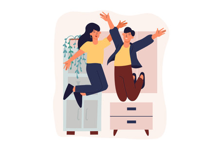 Happy people concept with people scene in the flat cartoon style. Friends are having fun, jumping and fooling around. Vector illustration.のイラスト素材