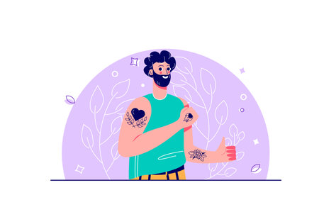 Tattoo concept with people scene in the flat cartoon style. A guy with a lot of tattoos is thinking about an upcoming sketch of another one. Vector illustration.のイラスト素材