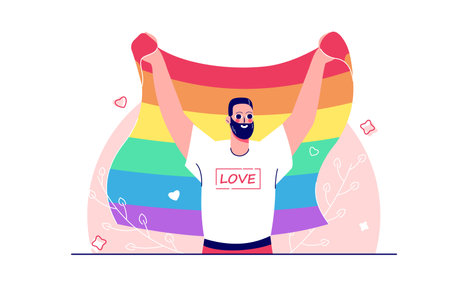 LGBT concept with people scene in the flat cartoon style. A man with an LGBT flag defends the equality rights of all people. Vector illustration.のイラスト素材
