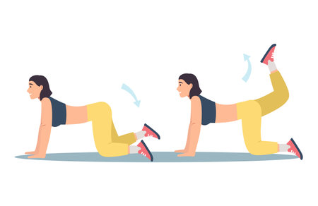 Concept Womens workout in the flat cartoon design. The girl does an exercise that relaxes the back and pumps up the legs. Vector illustration.のイラスト素材