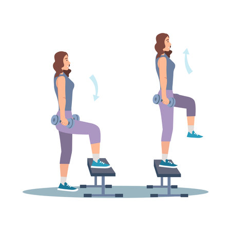 Concept Womens workout in the flat cartoon design. A girl in training in the gym performs exercises to pump up her legs. Vector illustration.のイラスト素材
