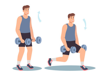 Concept Mens workout in the flat cartoon design. Through a minimalist flat design approach, this illustration embodies concept of men participating in sports using dumbbells. Vector illustration.のイラスト素材