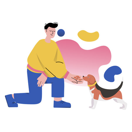 Mental health concept with people scene in the flat cartoon design. A man rushes to his beloved dog to hug him and play with him. Vector illustration.のイラスト素材