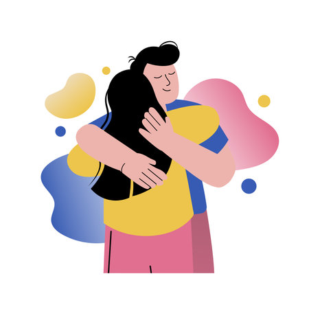 Mental health concept with people scene in the flat cartoon design. Friends hug because positive emotions are transmitted through hugs. Vector illustration.のイラスト素材