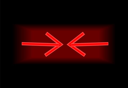 Red neon element in cartoon style. This element of set showcase a red neon arrow against a dramatic black backdrop for double directional emphasis. Vector illustration.のイラスト素材