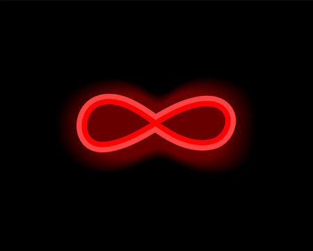 Red neon element in cartoon style. This artwork feature this striking red neon element of set - an eye-catching symbol of infinity on a black backdrop. Vector illustration.のイラスト素材