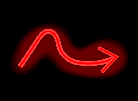 Red neon element in cartoon style. Direction to your artwork using this striking red neon element of set - a bold arrow symbol on a black backdrop. Vector illustration.のイラスト素材
