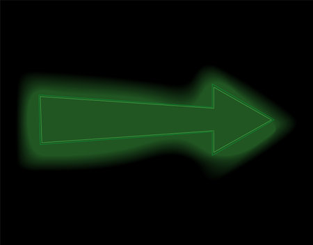 Neon arrow in cartoon style. This captivating illustration feature a bold and green arrow symbol, brilliantly illuminated by neon lights on a dark black background. Vector illustration.のイラスト素材