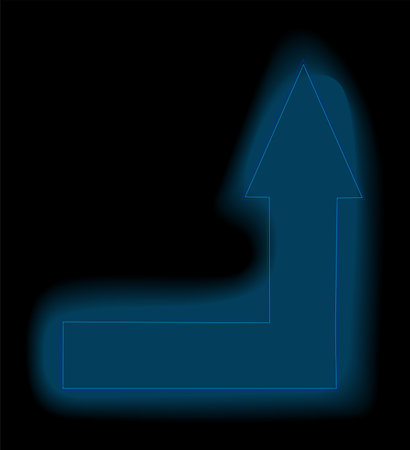 Neon arrow in cartoon style. This blue arrow symbol, brilliantly brought to life by neon lights against a striking black background. Vector illustration.のイラスト素材