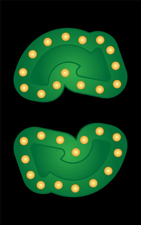 Arrow with light in retro style. This striking, retro-themed arrow symbol, standing out boldly against a black background and illuminated by the soft light. Vector illustration.のイラスト素材