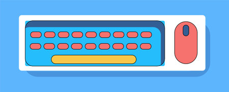 Element of game set in flat cartoon design. This colorful illustration feature gaming peripheral, including a keyboard and mouse, all presented in a visually captivating design. Vector illustration.のイラスト素材