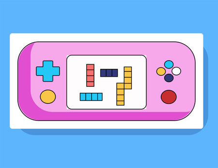 Element of game set in flat cartoon design. This colorful artwork include a game console, comes to life against a vibrant blue background. Vector illustration.のイラスト素材
