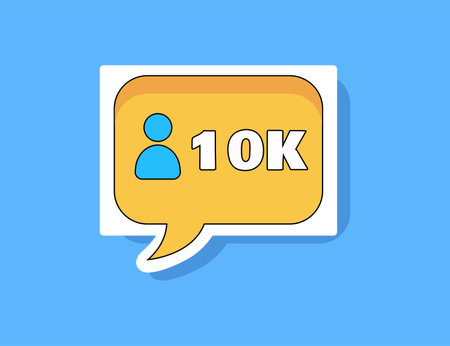 Element of game set in flat cartoon design. This vibrant illustration showcase a "10k followers" sticker, bursts with color against a captivating blue background. Vector illustration.のイラスト素材