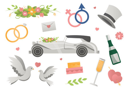 Retro wedding set in flat cartoon design. This colorful set of retro wedding attributes is a nostalgic touch that adds a timeless elegance to your special day. Vector illustration.のイラスト素材