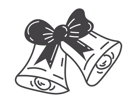 Christmas element of black line set. Two gracefully crafted Christmas bells take center stage, their intricate details outlined in bold black strokes. Vector illustration.のイラスト素材