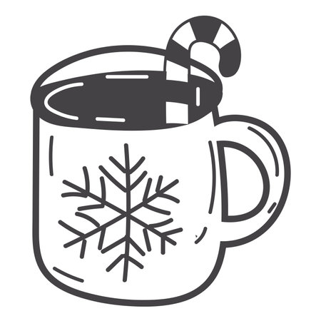 Christmas element of black line set. Charming Christmas cup of tea is elegantly outlined in bold black strokes, conveying the warmth and comfort of sipping tea by the fireplace. Vector illustration.のイラスト素材