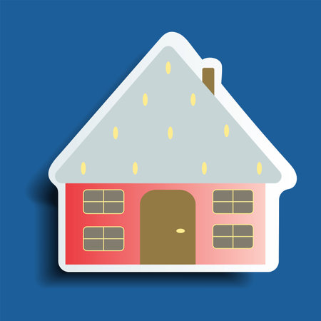 Urban element of winter set in sticker design. Winter vibrant sticker showcase a colorful urban house against a cool blue background in a stylish sticker design. Vector illustration.のイラスト素材
