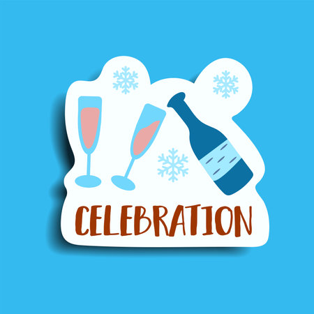 Element of winter set in sticker design. This lively Christmas sticker adorned with the words "Celebration" has a dynamic design pops against a calming blue backdrop. Vector illustration.のイラスト素材