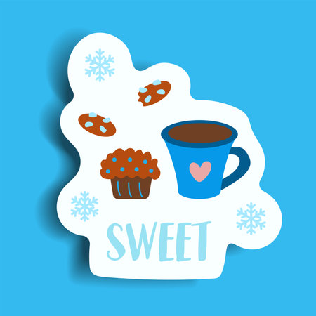 Element of winter set in sticker design. This lively Christmas sticker showcase the message "Sweet" against a cool blue background, its tasty touch to holiday decor. Vector illustration.のイラスト素材