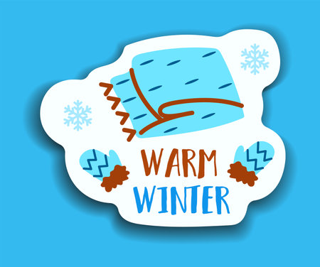 Element of winter set in sticker design. Demonstration of the magic of a winter with this enchanting and colorful Christmas sticker showcasing the title "Warm winter". Vector illustration.のイラスト素材