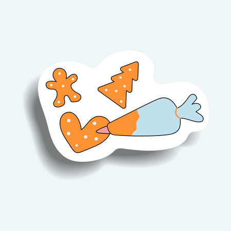 Element of winter set in sticker design. This colorful Christmas sticker depict a festive and whimsical cookie decoration, perfect for adding a joyful touch to baked goods. Vector illustration.のイラスト素材