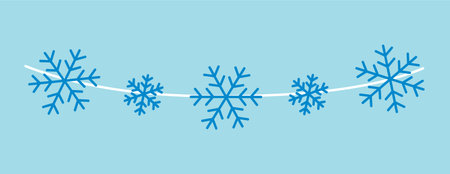 Garland of winter set in cartoon design. Christmas garland with snowflakes against a blue backdrop , these garlands add a touch of merriment and cheer to all winter projects. Vector illustration.のイラスト素材