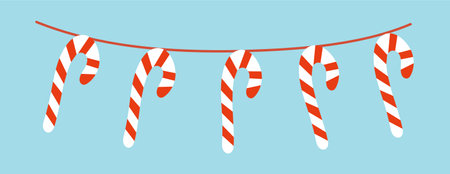 Garland of winter set in cartoon design. Demonstration of the Christmas decor with a beautiful and sweet garland set against a calming blue backdrop. Vector illustration.のイラスト素材