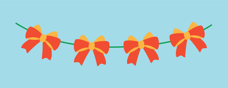 Garland of winter set in cartoon design. Highlighting of the festive magic in project space with this colorful Christmas garland of bow against a serene blue background. Vector illustration.のイラスト素材