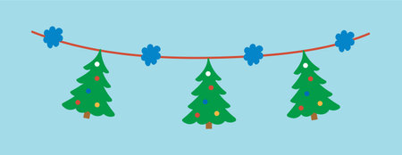 Garland of winter set in cartoon design. Showcasing of the joy of the season with a colorful Christmas garland of Christmas trees that pops against a cool blue background. Vector illustration.のイラスト素材