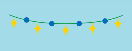 Garland of winter set in cartoon design. Demonstration of a winter wonderland with a vivid and colorful Christmas garland against a tranquil blue background. Vector illustration.のイラスト素材