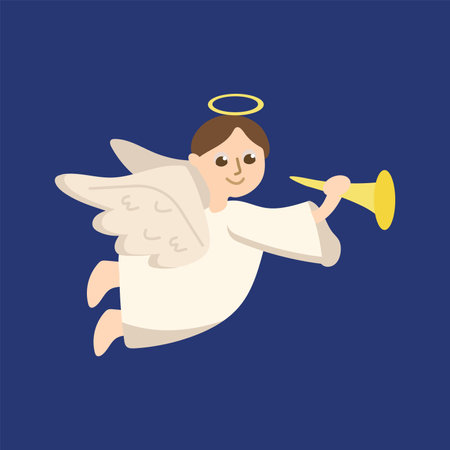 Christian Christmas element of set. Showcasing of the spirit of Christmas with this vibrant image featuring an angel in a Christian-themed illustration against a dark backdrop. Vector illustration.のイラスト素材
