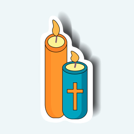 Christian Christmas element of set in sticker design. This enchanting colorful sticker feature elegant candles in a Christian-themed design against a white background. Vector illustration.のイラスト素材