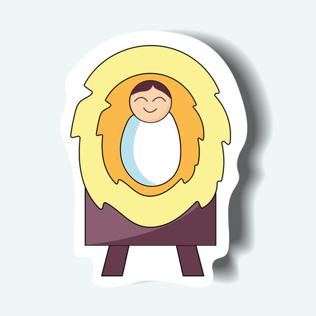 Christian Christmas element of set in sticker design. This colorful sticker feature a beautifully crafted newborn Jesus in a Christian-themed design. Vector illustration.のイラスト素材