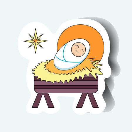 Christian Christmas element of set in sticker design. This vibrant colorful sticker highlight the newborn Jesus in a heartwarming Christian-themed motif. Vector illustration.のイラスト素材