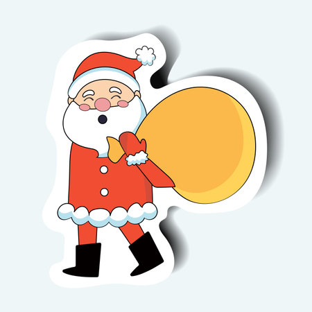 Santa of set in sticker design. This colorful sticker-style illustration of Santa Claus with bag of gifts, ready to deliver presents to all the good boys and girls. Vector illustration.のイラスト素材