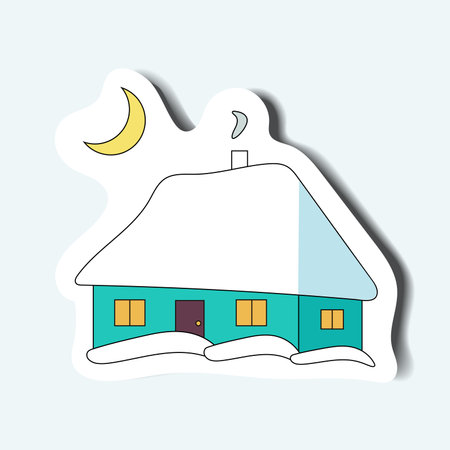 Element of Ukrainian Christmas set in sticker design. Demonstration of the Ukrainian Christmas traditions with sticker, adorned with a hut as a significant holiday attribute. Vector illustration.のイラスト素材