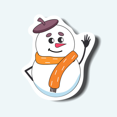 Snowman of the sticker set in cartoon design. This cheerful Christmas snowman character sticker is the star of holiday project, spreading happiness with its colorful style. Vector illustration.のイラスト素材