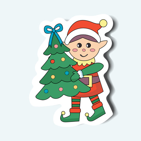 Christmas elf of the sticker set in cartoon design. Cute Christmas elf character with Christmas tree sticker is the perfect addition to winter projects. Vector illustration.のイラスト素材