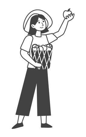 Garden element of set in black line design. The garden-themed style with this black-outlined illustration of a woman gardener is perfect for various projects. Vector illustration.のイラスト素材