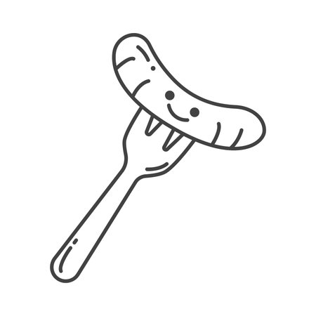 Summer element of set in black line design. This black-outlined depiction of BBQ sausage is a symbol of outdoor gatherings and warm evenings. Vector illustration.のイラスト素材