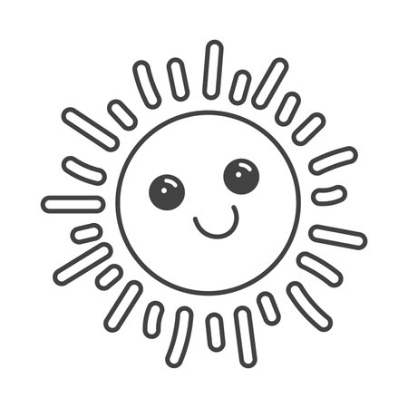 Summer element of set in black line design. Cheerful sun character outlined in black spread warmth and brightness for summer-themed illustration. Vector illustration.のイラスト素材