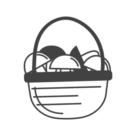 Camping element of set in black line design. A basket of mushrooms is the result of a great time in the woods while camping. Vector illustration.のイラスト素材