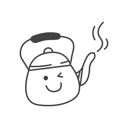 Camping element of set in black line design. Highlighting of the the cozy camping vibes with a black-outlined teapot, a must-have for outdoor adventures. Vector illustration.のイラスト素材