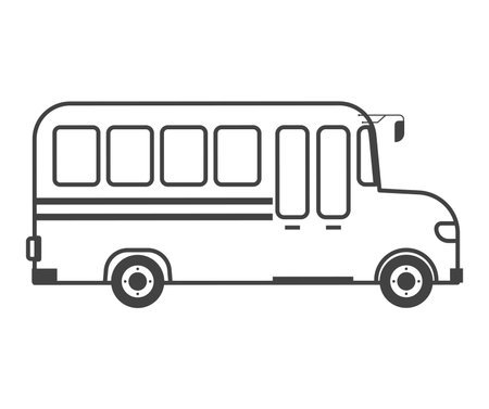 Element of Back to school themed set in black line design. The black-outlined school bus, an unmistakable symbol of the back-to-school season. Vector illustration.のイラスト素材