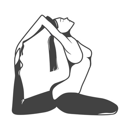 Sport element of set in black line design. Demonstration of the essence of a healthy lifestyle with this black-outlined illustration of a girl practicing yoga. Vector illustration.のイラスト素材